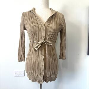 Motherhood Maternity Hooded Knit Sweater Small Tie Waist Neutral Cozy Minimalist